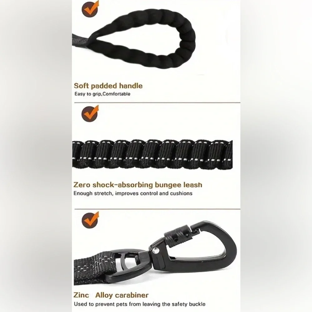 Reflective Black Padded Dog Leash w/2 Handles- Car Clip & Bonus Waste Bag Holder